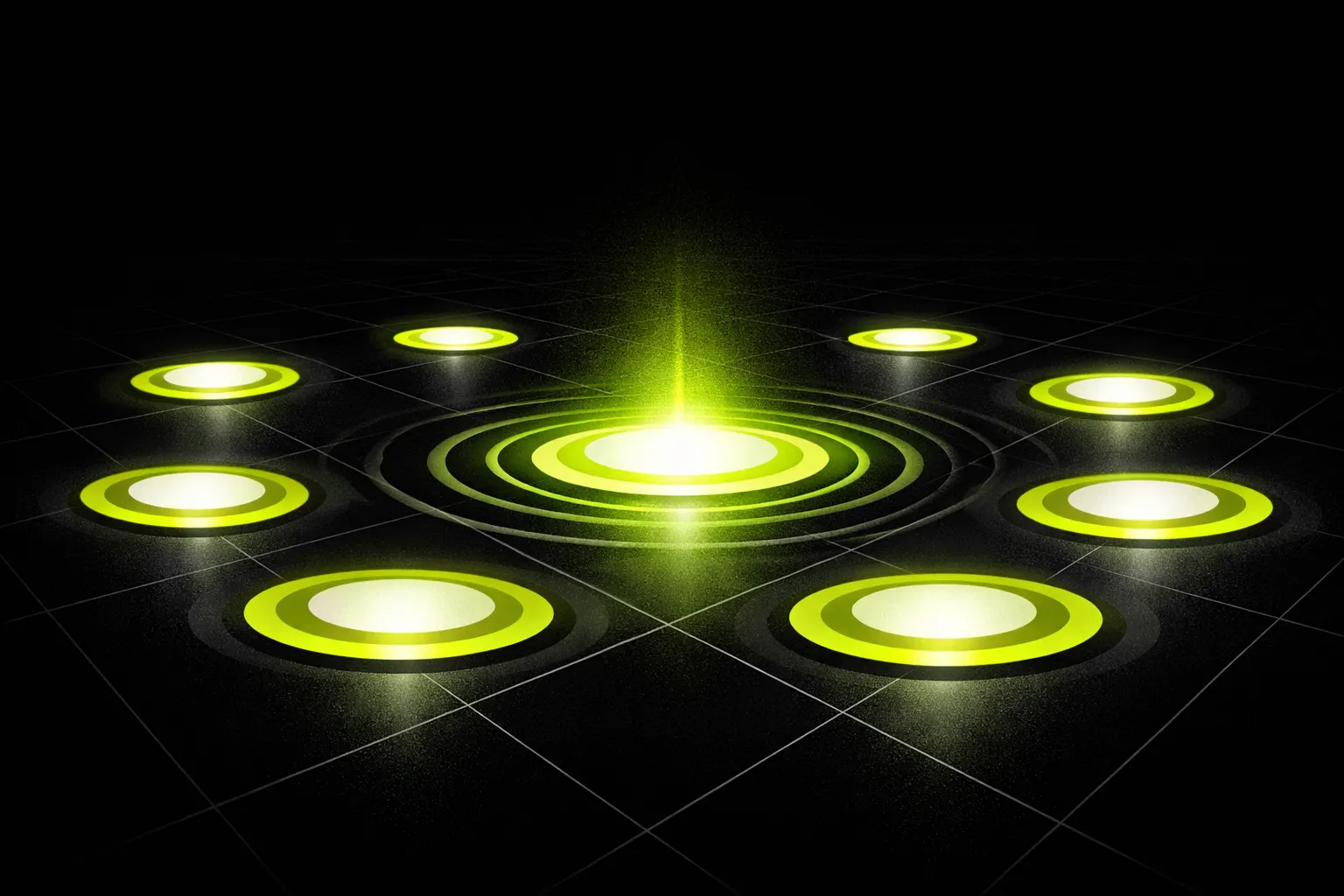 An abstract scene shows ten glowing pools on a dark grid, with one pool much brighter than the others.