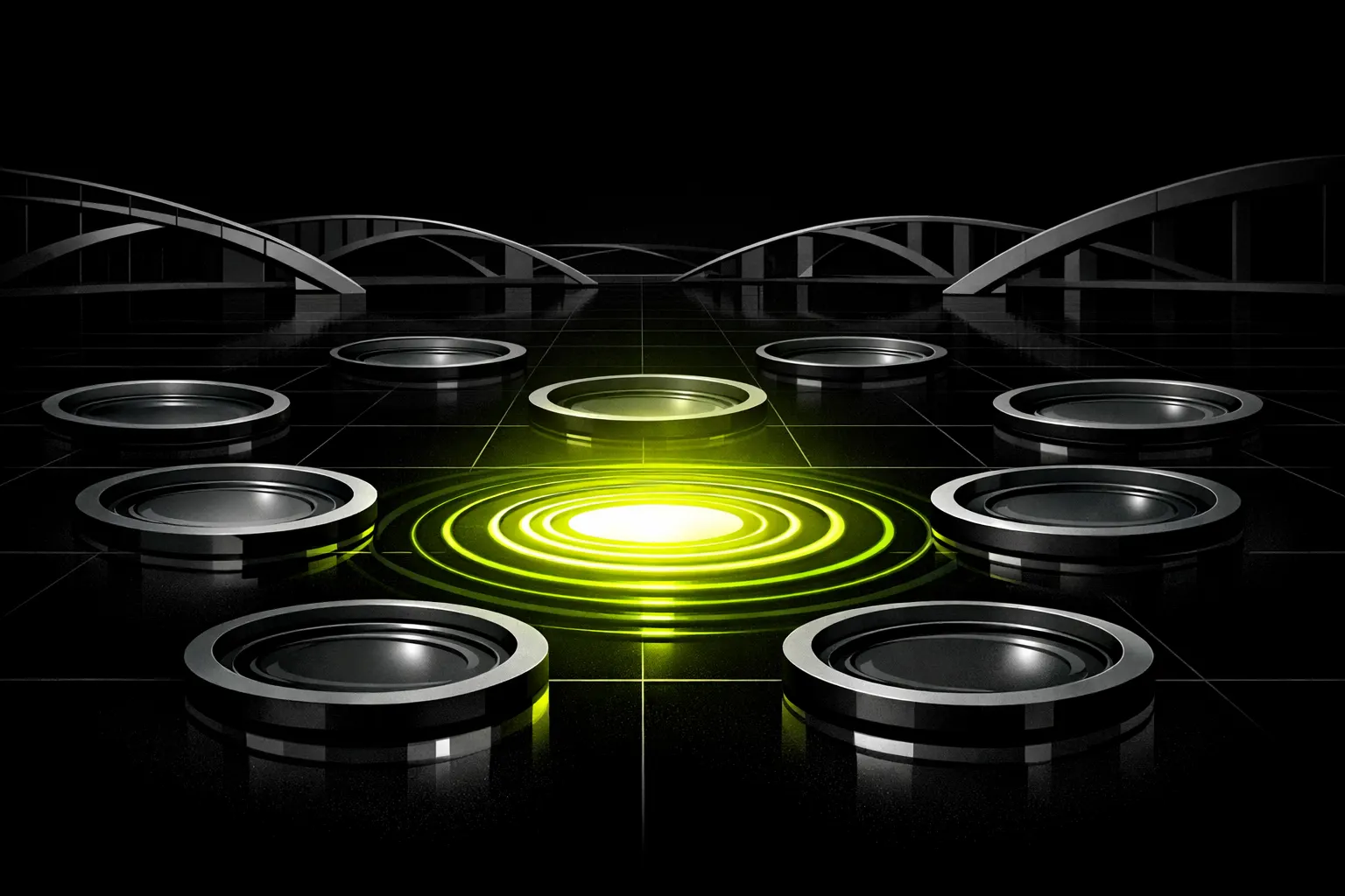 An abstract network scene shows one bright pool standing out among several smaller pools connected by geometric lines.