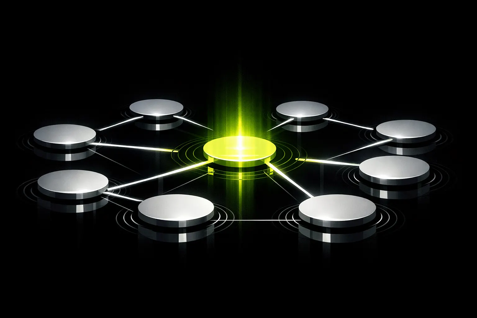 An abstract scene shows ten glowing liquidity pools with one brighter central pool and thin connecting lines.