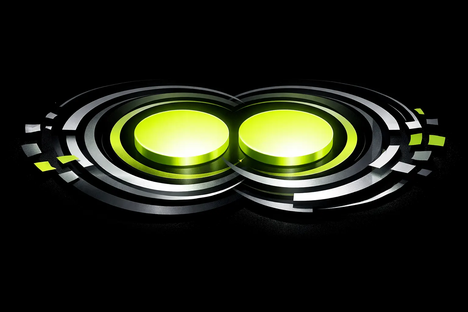 Two similar glowing forms sit beside concentric rings, suggesting duplicate contracts and a fast-moving market.
