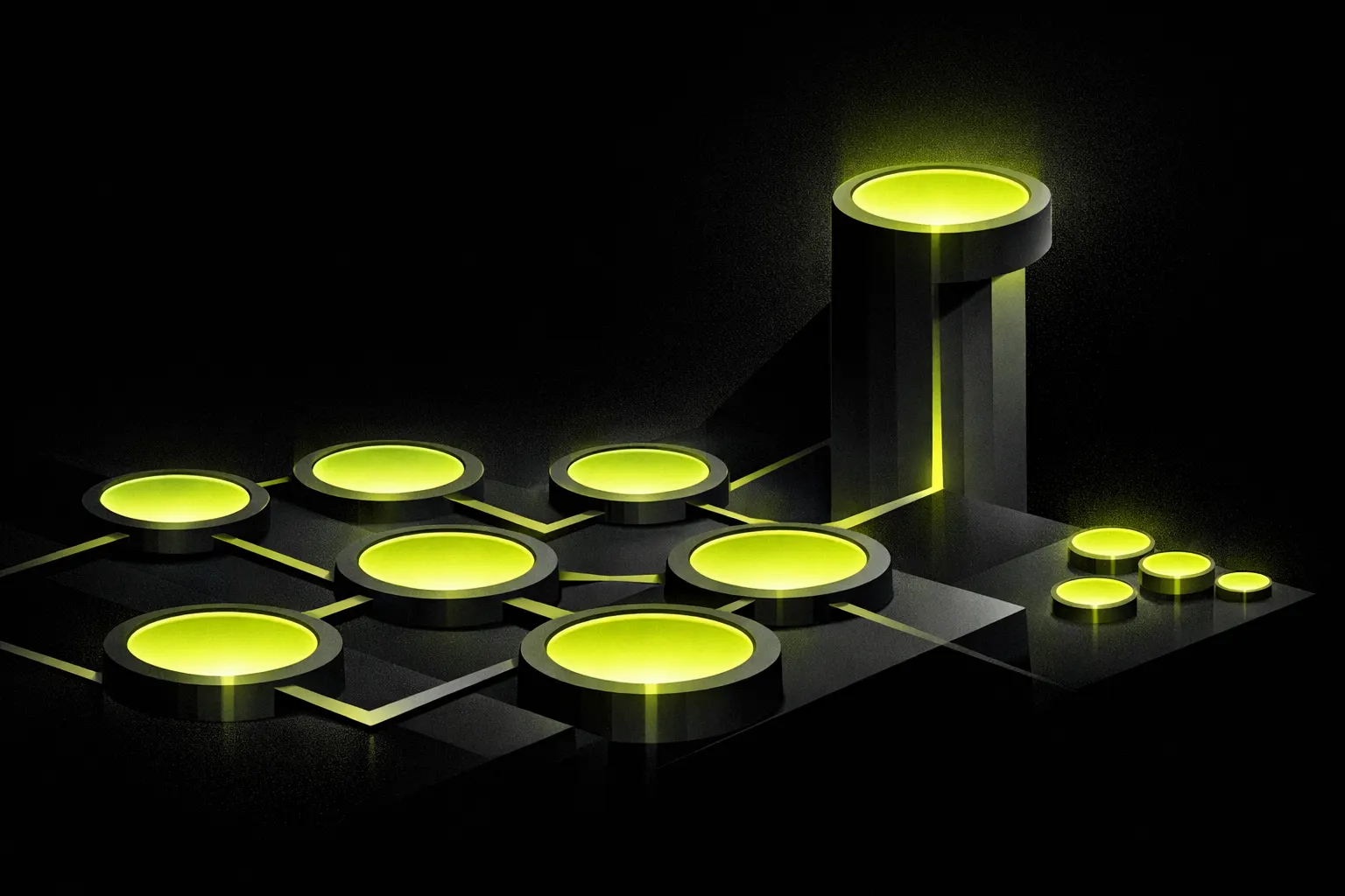 An abstract network of glowing pools shows one pool rising above several smaller newly formed pools.