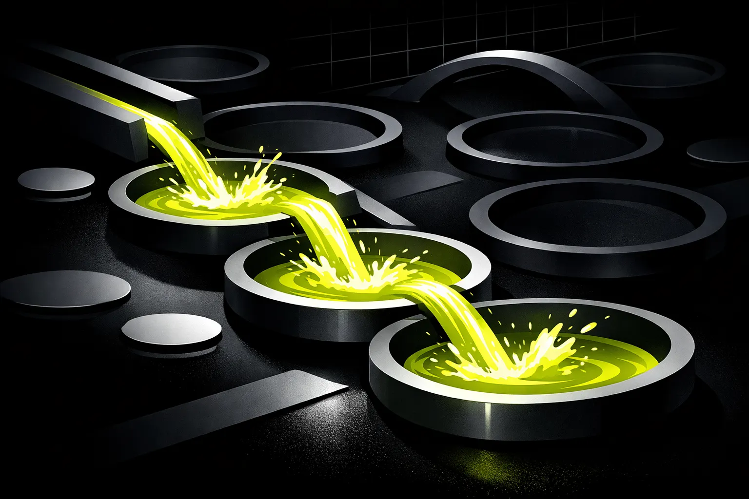 Several abstract pools appear in sequence, with a few receiving much stronger flows than the rest.