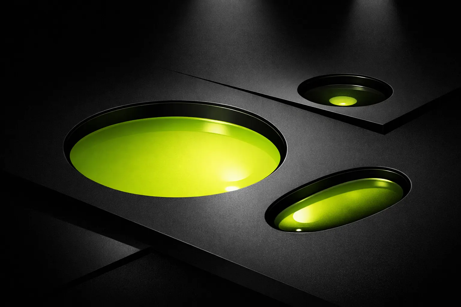 Several abstract pools of light sit on a dark surface, including one nearly drained pool.