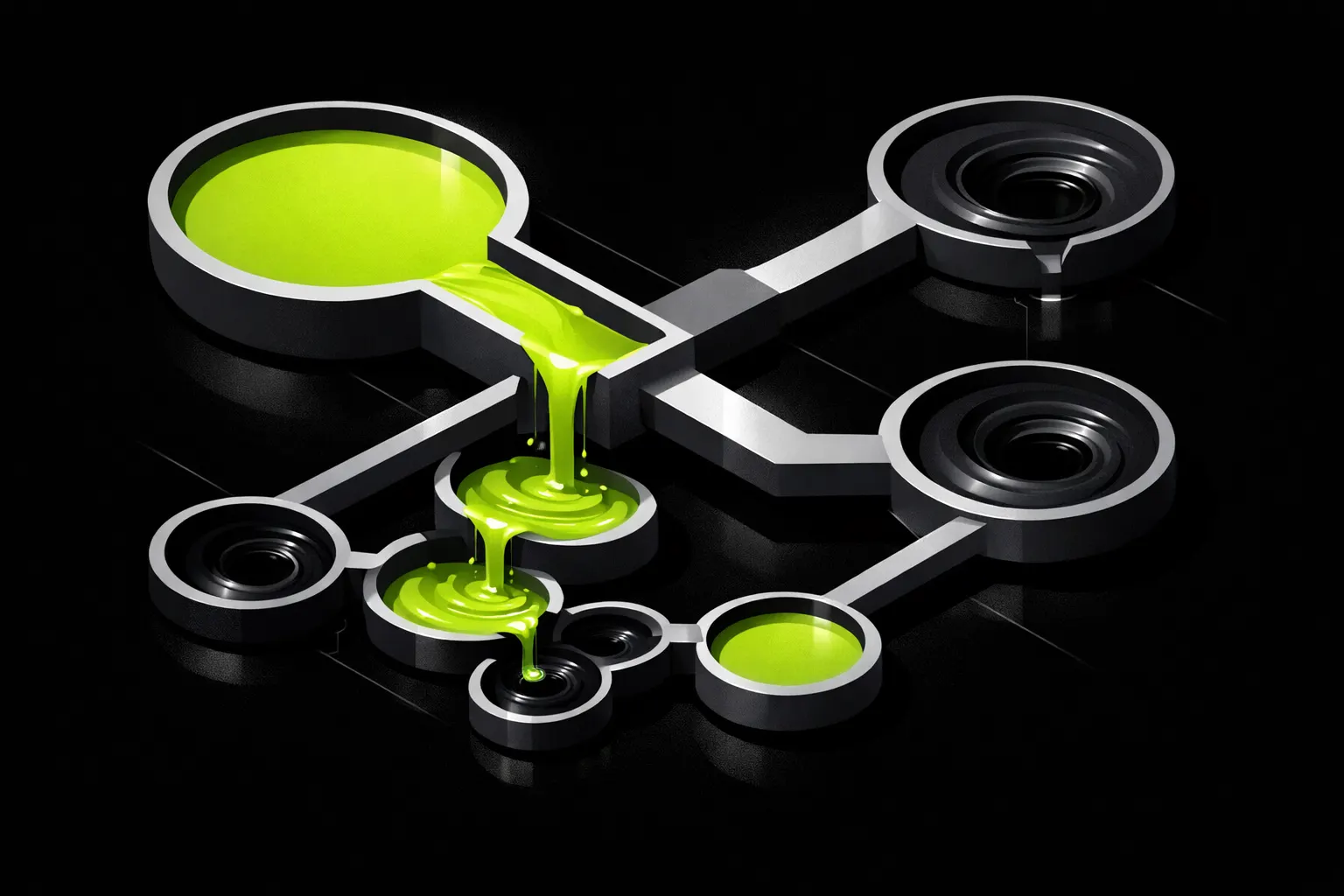 An overhead abstract image shows connected pools with flow moving from a larger basin into several smaller ones.