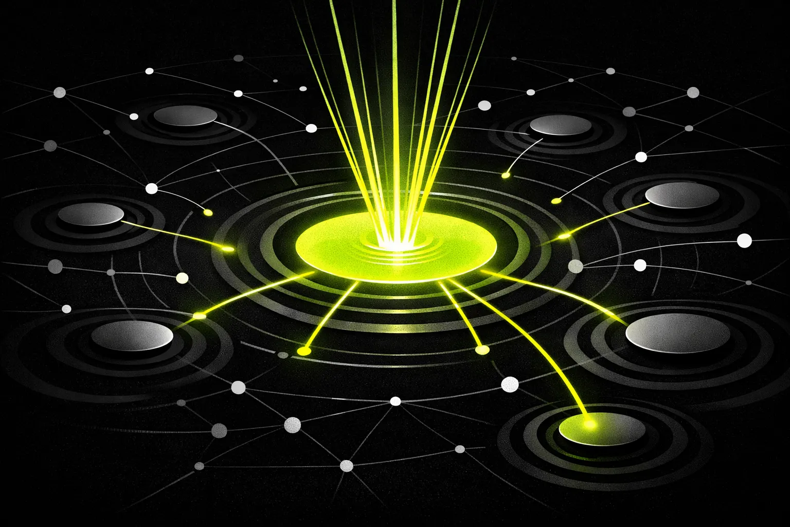 Abstract streams converge into one central pool to represent concentrated UHI trading on Robinhood Chain.